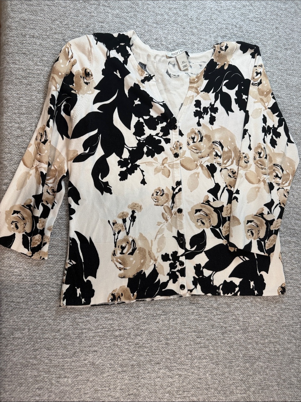 WHBM Black and Beige Floral Button-Front 3/4 Sleeve Top Size XL